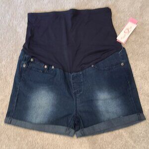 dark blue over belly maternity denim shorts